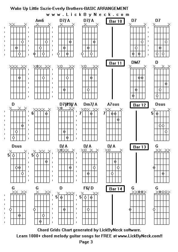 Chord Grids Chart of chord melody fingerstyle guitar song-Wake Up Little Suzie-Everly Brothers-BASIC ARRANGEMENT,generated by LickByNeck software.